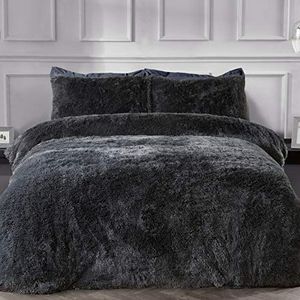 Sleepdown Luxe beddengoedset van fleece, langpolig, kunstbont, antracietgrijs, superzacht, onderhoudsvriendelijk, met kussensloop, eenpersoonsbed (135 x 200 cm)