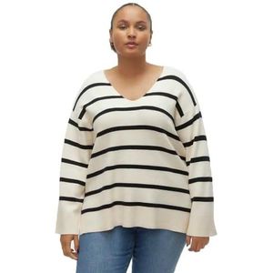 VERO MODA CURVE Dames Vmcsaba Ls V-hals pullover Ga Noos Cur gebreide trui, Berken/Stripes: zwart, 52/54/Grote Maten