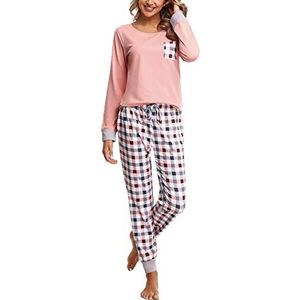 Doaraha Geruite pyjama voor dames, T-shirt en broek, pyjama, lange mouwen, rasterpatroon, nachtkleding van katoen, korte mouwen, met zak, inkeping, 2 stuks, Roze, L