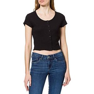 Urban Classics Dames T-shirt kort rib-bovendeel met knoopsluiting en rolzoom, cropped button up thee, verkrijgbaar in vele kleuren, maten XS - 5XL, zwart, 4XL