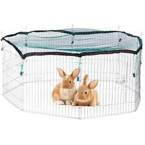 Relaxdays konijnenren met net, 8 panelen, met grondankers, HxBxD: ca. 60 x 140 x 140 cm, voor dwergkonijnen, zilver