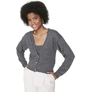 Trendyol Dames V-hals Plain Regular Cardigan Sweater, Antraciet, L, Antraciet, L