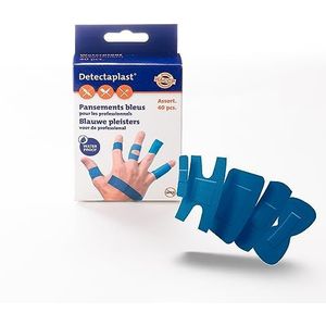 Detectaplast blauwe pleisters Universal, metaaldetecteerbare, waterdichte pleisters sensitive, voor voedingsindustrie, catering en grootkeuken, 9x38, 19x72, 25x72, vlinder, kneukel, 40 stuks