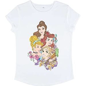 Disney Dames Princesses-Portret Vignette Organic Roll Sleeve T-Shirt, Wit, S, wit, S