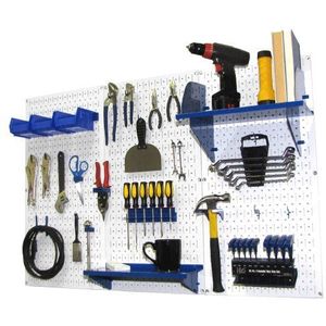 Steekbord-organizer, wandbediening, 1,2 m, metaal, standaard gereedschap-opbergset met witte gereedschapsplaat en blauwe accessoires