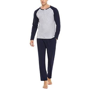 Sykooria Heren pyjama lange mannen warm katoen winterpyjama tweedelige set lange mouwen en pyjamabroek met zakken, grijs + marineblauw, M