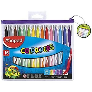 Maped - Jungle Color'Peps Viltstiften – 15 viltstiften – wasbaar en droog – medium punt – levendige kleuren – ideaal voor het begin van school – pennenetui met ritssluiting