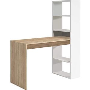 HOGAR24 ES Computertafel | bureau met boekenkast | werktafel | omkeerbaar | kleur wit en eiken Cambrian | afmetingen: 140 cm (hoogte) x 122 cm (breedte) x 50 cm (bodem)