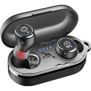 TOZO T10 Mini Bluetooth hoofdtelefoon, 55 uur speeltijd met draadloze oplaadbox, app Customize 16 EQ, ergonomisch design, IPX8 waterdichte headset, krachtig geluid voor sport, werk, studie, zwart