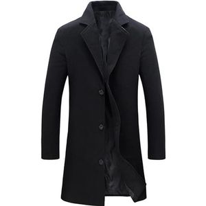 Springrain Pij-jas voor heren, wolmix, ingekeepte kraag, enkele rij knopen, overjas, warme trenchcoat voor de winter, Zwart, XL