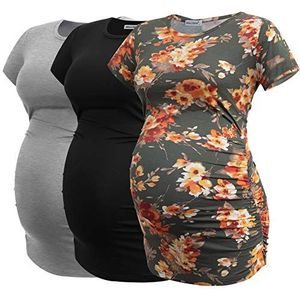 Smallshow Zwangerschapskleding Tops Kant Ruches Zwangerschap Kleding voor Vrouwen 3-Pack, Zwart/Lichtgrijs/Svp089, L