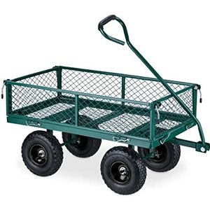 Relaxdays bolderkar, handige transportkar voor tuin, luchtbanden, draagvermogen 200 kg, bolderwagen staal, groen