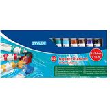 Stylex 28650 aquarelverf in set, 12 tubes à 12 ml, op waterbasis, waterverdunbaar, onderling mengbaar en lichtbestendig