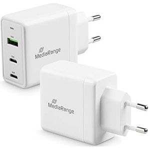 MediaRange GaN oplaadadapter, 65 W, 3-poorts stekkeradapter met snellaadfunctie, 1 x USB-A en 2 x USB-C uitgang, compatibel met iPhone 13, 12, iPad Pro, AirPods Pro, Galaxy, S22, S21