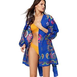 Trendyol Dames Regular Basic V-hals Geweven Kimono's & Kaftans, Blauw-Multicolor, S