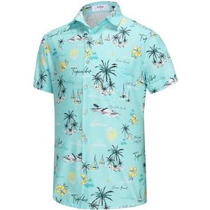 KYKU Hawaii-overhemd voor heren, grappige vakantie-tropische strandhemden, korte mouwen, knoopsluiting, zomerkleding met zakken, blauw (island blue), L