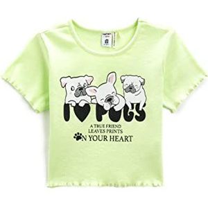 Koton Meisjes Crop Dog Printed Korte Mouw Ronde Collar Katoenen T-shirt, groen (766), 4-5 Jaar