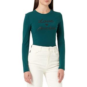 Love Moschino Dames strakke pasvorm lange mouwen met cursieve merkprint T-shirt, groen, 46