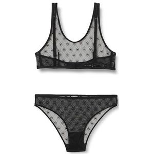 Emporio Armani Dames Dames Bralette + Brief All Over Mesh Monogram Lingerie Set, zwart, S