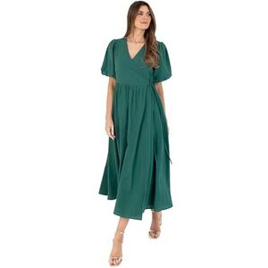 Lovedrobe Maxi-jurk voor dames, korte pofmouwen, V-hals, wikkeltaille, stropdas, A-lijn, avondgelegenheid, bloemenprint, zomer, Groen, 48