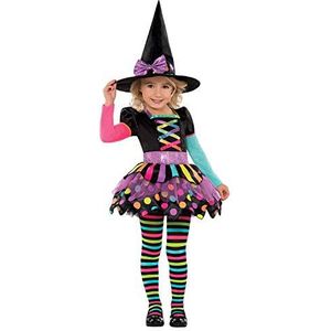 Amscan - Kinderkostuum kleurrijke heksen, jurk, heksenhoed, panty's, heksen, tovenaar, themafeest, carnaval, Halloween, zwart, 3 tot 4 jaar