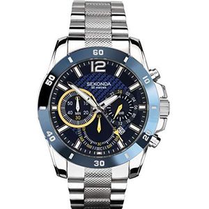 Sekonda Heren sport quartz horloge chronograaf datum 44mm blauw lederen band, Zilver, Blauw, Armband