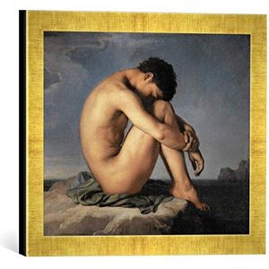 Ingelijste afbeelding van Hippolyte Flandrin ""Jeune homme nu assis sur un rocher. Figure d'etude"", kunstdruk in hoogwaardige handgemaakte fotolijst, 40x30 cm, goud raya