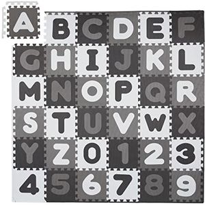 Relaxdays speelmat puzzel, cijfers en letters, 60-delig, puzzelmat kinderen, BxD: 172x172 cm, schuimrubber, wit-grijs