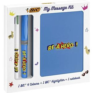 BIC My Message Kit Be a Hero 997977, Schrijfwarenset met 1x 4-kleuren Balpen / 1x Markeerstift BIC Highlighter Grip Blauw, 1 Notitieboek A6, Wit, 3 stuks