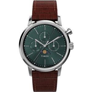 Timex Marlin 40 mm herenhorloge - Bruin lederen tweedelige band met snelsluiting, roestvrijstalen kast met groene wijzerplaat, TW2W51000