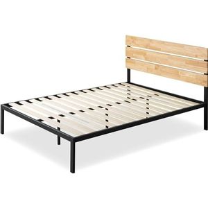 Zinus Mory Bed 90 x 200 cm, hoogte 30 cm, metalen en houten platform, bedframe met hoofdeinde en houten lattenbodem, bruin