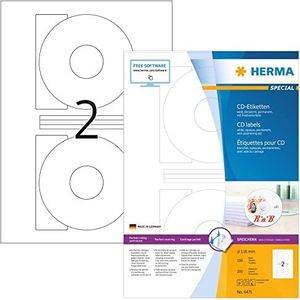 HERMA 4471 CD/DVD etiketten incl. positioneerhulp A4 dekkend (Ø 116 mm, 100 velles, papier, mat) zelfklevend, bedrukbaar, permanente klevende CD stickers, 200 etiketten voor printer, wit