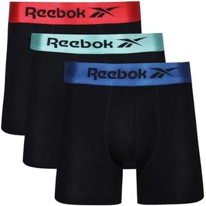 Reebok Heren Super Zachte Boxer Korte Viscose van Bamboe Stof Mix in Zwart met Contrasterende Elastische Tailleband - Multipack van 3, Zwart/Vector Rood/Blauw/Classic Teal, M