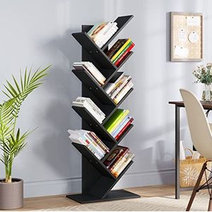 YITAHOME Boomboekenplank, vloerstaande boekenplank, rustieke industriële houten planken boekenkast, display opslag rekken voor woonkamer/thuis/kantoor - zwarte boekenplank