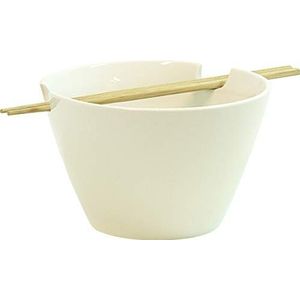 JADE Temple Soepkom van keramiek in Aziatische stijl met eetstokjes van 100% bamboe, ideaal voor soeppen- en pastagerechten, 1 x kom met 1 paar eetstokjes, wit