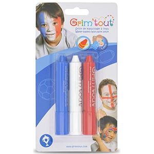 GRIM'TOUT Kindermake-upset - Blauw, Wit, Rood - 3 speciale sportgrimmsticks - Kleurpotloden, make-up op waterbasis - Gemakkelijk aan te brengen en schoon te maken - Make-up op de huid - CE-normen