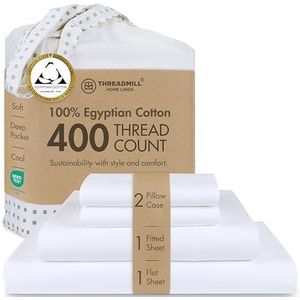 Threadmill Home Linen Gecertificeerd 100% Egyptisch katoen King Size 4-delige effen bedset, 400 draadtelling satijnen weefsel, comfortabele hotel witte lakens met elastische diepe zak