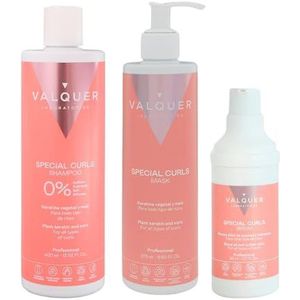 Valquer Professional, Curly Method Pack Shampoo 400 ml + Masker 290 ml + Serum 300 ml Speciaal voor Krullen, Krullend Haar, Sulfaatvrij, Zoutvrij Perfecte Krullen. Tot 96% natuurlijke oorsprong