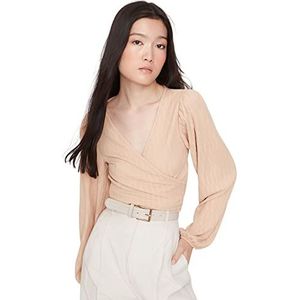 Trendyol Dames getailleerde Basic asymmetrische kraag gebreide blouse, Beige, XL