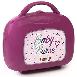 Smoby 220341 - Baby Nurse poppenverzorgingsset - koffer met babyflesje, koortsthermometer, luier, borden met lepel, voor kinderen vanaf 3 jaar, roze, paars