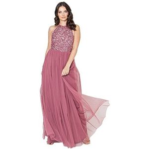 Maya Deluxe Maxi-jurk voor dames, bruidsmeisje, halterjurk, pailletten, versierd, eindejaarsbal, bruiloft, voor speciale gelegenheden, bruidsmeisjesjurk, desert roze, 56 NL