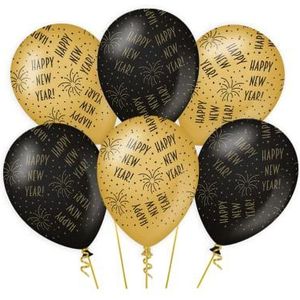 PD-Party 7031402 Classy Feest Ballonnen | Party Balloons | Natuurlijk Rubber (Latex) | Verjaardag Viering Decoraties - Happy New Jaar, Goud/Zwart, Pak van 6, 30cm Lengte x 30cm Breedte x 30cm Hoogte