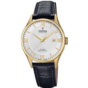 Festina Horloge voor heren F20010/2 Swiss Made Gold roestvrij stalen case zwart lederen band, zwart-wit-goud, groß, armband