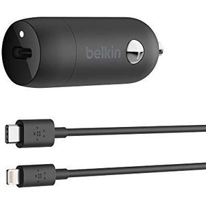 Belkin USB-C-autolader (20 W, zwart) met USB-C/Lightning-kabel van 1,2 m (Snellader voor iPhone, Samsung, Google Pixel en meer) - Zwart