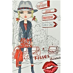 Hapy Birthday kaart rood meisje tiener jongen vrouw mode stad lippen kussen handtas hoed gemaakt in Frankrijk