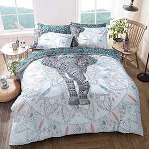 Sleepdown Olifant, mandala groenblauw bed, omkeerbaar, dekbedovertrek, onderhoudsvriendelijk, anti-allergisch, zacht en glad, met kussenslopen (eenpersoons)