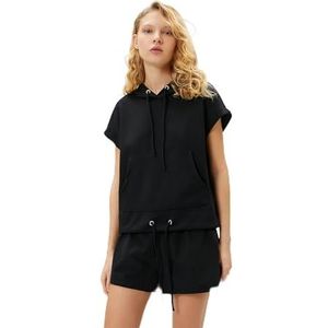 Koton Dames korte mouw sport sweatshirt capuchon stropdas detail modale stof recht, zwart, Schwarzes, XL