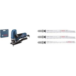 Bosch Professional decoupeerzaagmachine GST 90 E (650 watt, 1x zaagblad, afzuigset) & Bosch Accessories 3x Expert `Wood 2-side clean` decoupeerzaagbladsets (voor Multiplex, Massief houten meubelplaat)