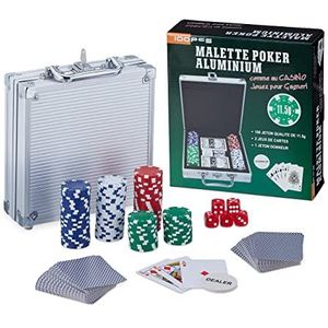 Relaxdays pokerset, 100 Chip zonder waarde, 2 kaartspelen, 5 dobbelstenen, Dealer-Button, afsluitbaar, zilver