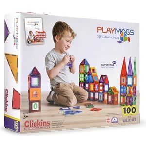 Playmags 100 3D Magnetische Bouwstenen Voor Kinderen - Leer Vormen, Kleuren En Alfabetten - STEM Sterk magneetspeelgoed - Magnetische Bouwblokken - Kleurrijke En Duurzame Magnetische Tegels & Ideeënboek